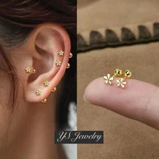 Womens Tiny Gold Flower Screw Back Stud Earrings Dainty Jewelry Surgical Steel