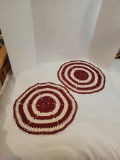 Vintage Handmade Crocheted round Ivory and Burgundy Doilies Set Of 2 17" matched