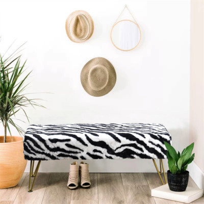 Zebra Print Faux Fur Vanity Stool Chair Soft Foot Rest Ottoman with Metal Legs