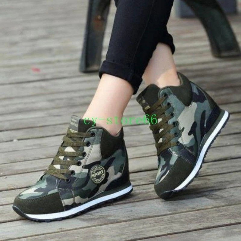 Zapatillas deportivas de caña alta para mujer Camuflaje Botas para correr Zapatos Tacón de cuña oculto Foto 2 de 4