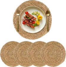 15 inch Round Woven Placemats Set of 4, Boho Rattan Natural Hand-Woven Water Hya