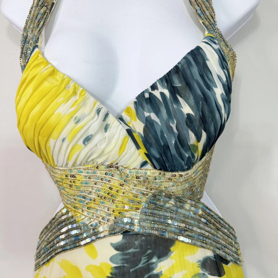 Vestido para mujer Dave & Johnny amarillo gris con cuentas lentejuelas halter espalda cruzada vestido Y2K Foto 3 de 4