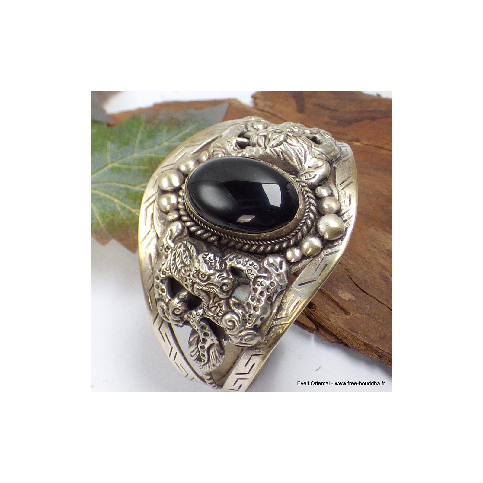 Gros bracelet dragon onyx noir, look gothique masculin et protecteur