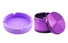 2Pc Set Large 63mm 4 Piece Purple Metal Tobacco Grinder & Purple Ashtray