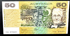 1985  AUSTRALIAN PAPER $50 NOTE *YUL 070831 * JOHNSTON/FRASER  OCRB FONT