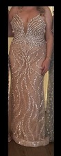 Women's Nude Mesh Beaded Sequin Strapless V-Neck Long Lined Gown One Size