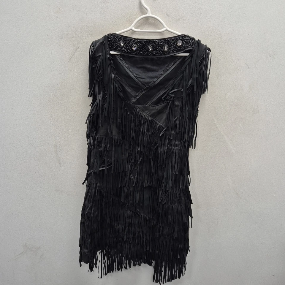 All Saints Leather Dress Marail Jewel Tassel Fringe Embellished Black Size Uk 12 - Image 4 of 4