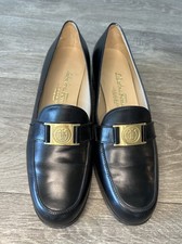 Vintage Ferragamo Sport Black Leather Loafers Gold Medallion Italy 5.5B