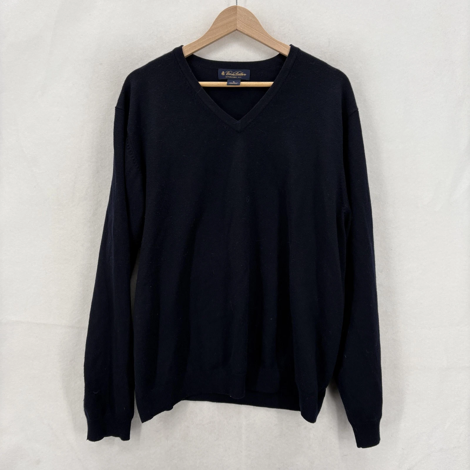 Brooks Brothers Sweater Mens XL Blue Merino Wool V Neck Knit Stretch Pullover