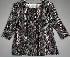 Rebecca Malone Shirt Womens XL Black Multi Dot 3/4 Sleeve Stretch Scoop Neck