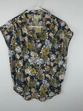 Loft Outlet Womens SZXS Button Front Top Cap Sleeves Brown Floral Career  A17