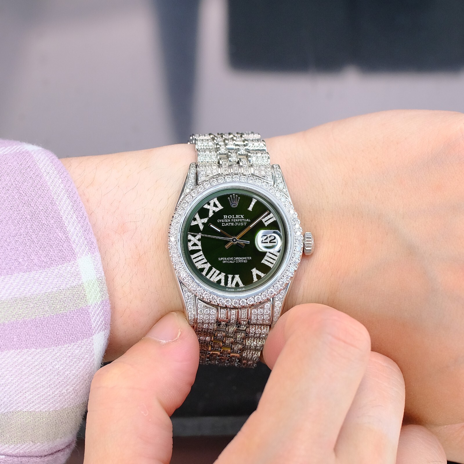 Rolex Datejust Iced Out Mens 36mm Fully Loaded Diamond Green Diamond Dial Watch image 3