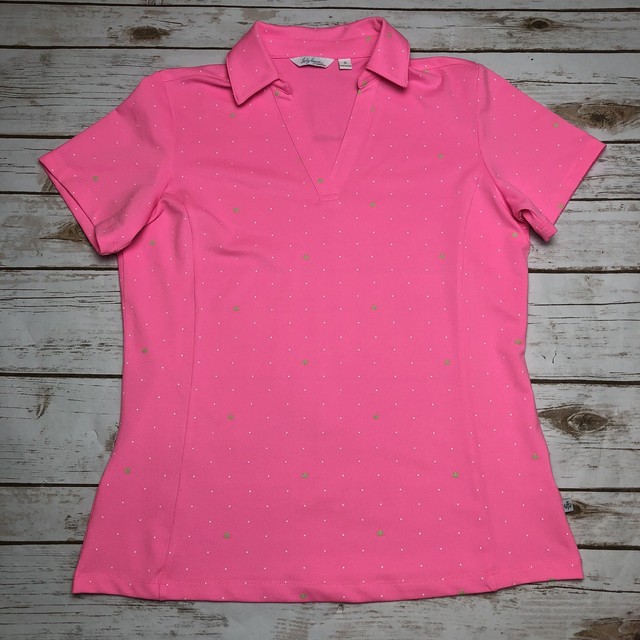 Lady Hagen Pink Polka Dot Short Sleeve Collar VNeck Golf Polo Shirt