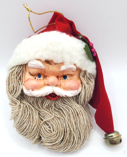 Vintage Santa Claus Yarn Beard Head Hanging Ornament Christmas Decor