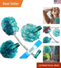 Luxury Exfoliating Back Scrubber with 2 Extra Large Mesh Poufs - 17" Long Handle