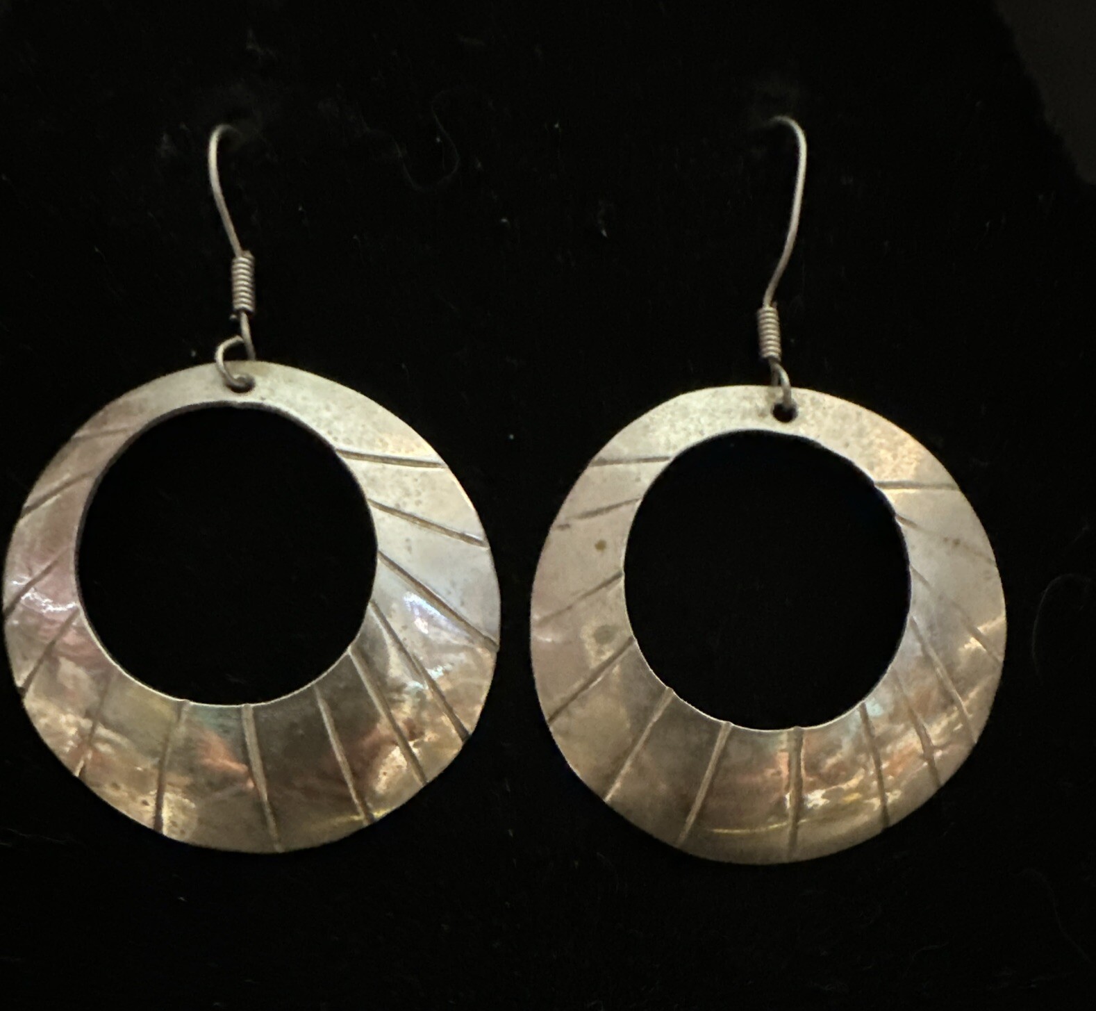 Silver Mexico Large Circle Dangle Drop Earrings -… - image 1
