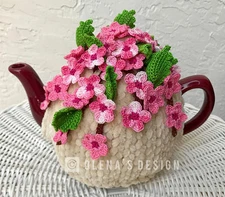 Crochet tea cozy beige tea cover cherry blossom tea cover warmer sakura blossom