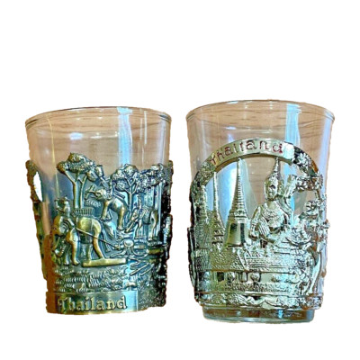 Shot Glass 3D Vintage Thai Authentic Antique Craft Souvenir Gift Set of 2