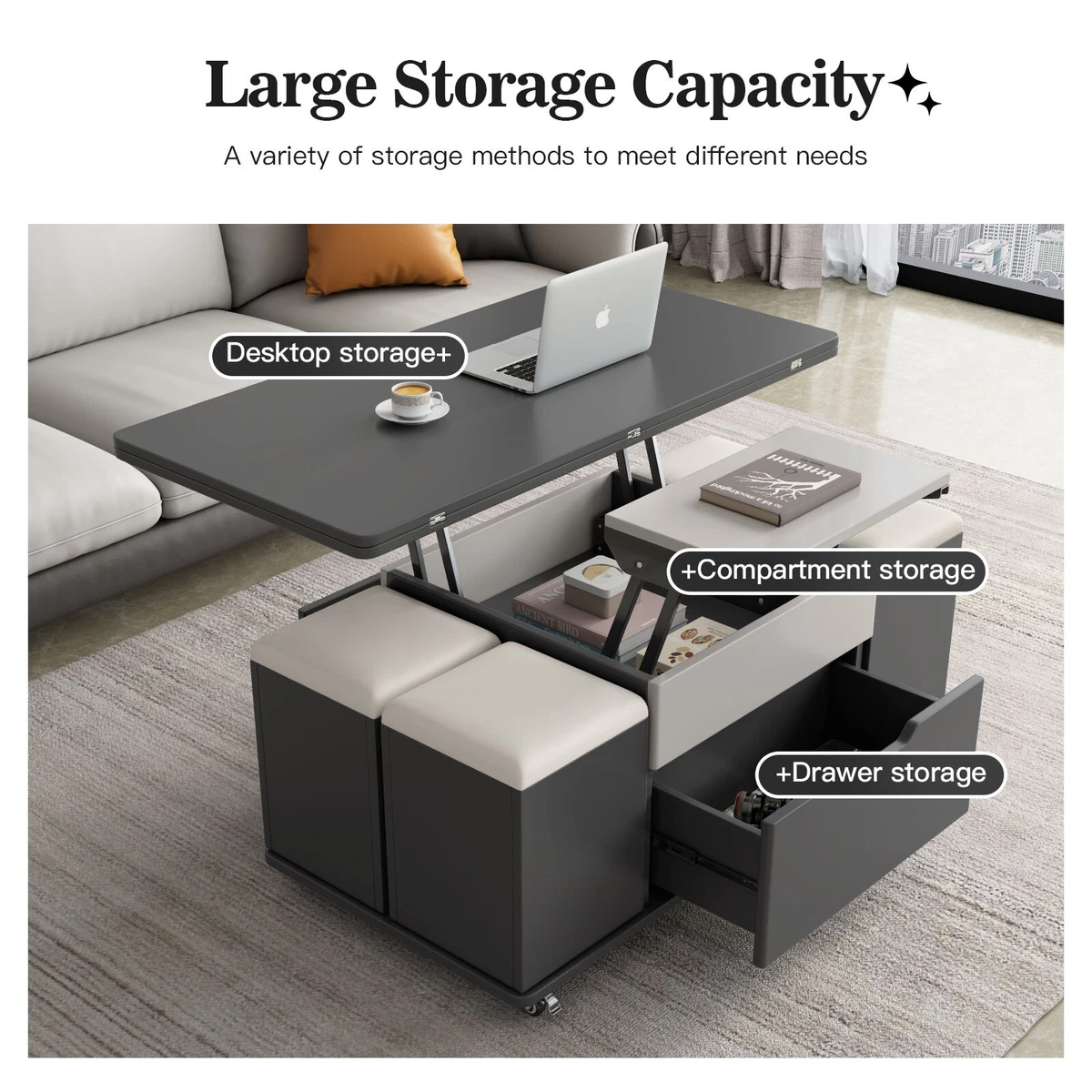 GUYII Multifunction Gray Coffee Table Extendable Folding With 4