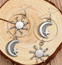 Vintage Bohemian Style - Aged Silver Sun Moon Star Celestial Drop Earrings