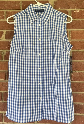 Karen Scott Top Size S Shirt Gingham Collared Button Sleeveless Blue Blouse New