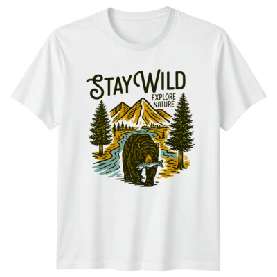 Stay Wild Explore Nature Bear Animal Herren T-Shirt Damen Tee Grafik Oberteil