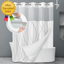 No Hook Grey White Striped Shower Curtain with Snap in Fabric Liner Set - Hotel