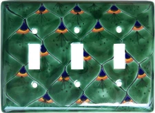 TalaMex Mexican Ceramic Wall Plate Green Peacock Triple Toggle