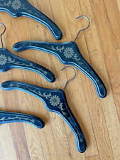 Vintage Set of 8 Black  Gold Floral Wooden Clothing Hangers