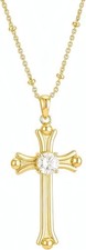 14K Gold Plated Cross Pendant Necklace Clear CZ Solitaire 16-18 Inch for Women
