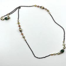 Vintage Earth Tone Beaded Necklace Green Gold Faux Pearl Bronze Tone Chain Retro