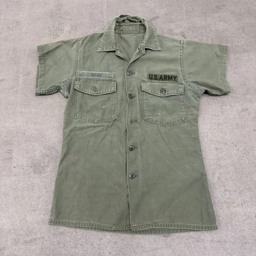 Vtg US Army OG-107 Sateen Utility Shirt  60s 70s 1969 Military Vietnam