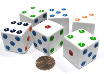 Set of 6 D6 25Mm Large Opaque Jumbo Dice - White with Multicolor Pip by