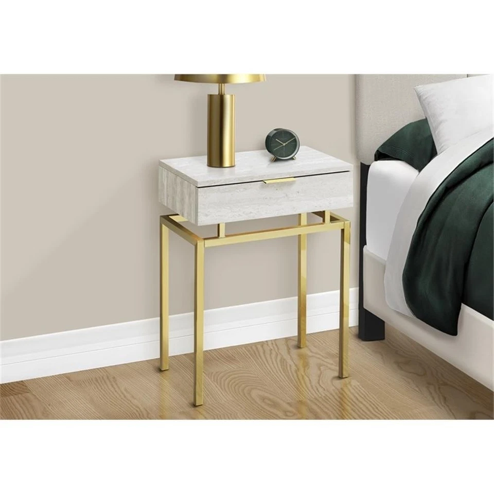 Accent Table Side End Nightstand Lamp Bedroom Metal Beige Marble Look - Image 3 of 4