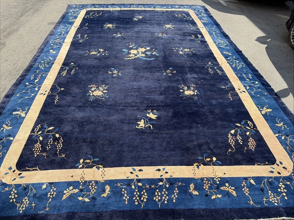 Auténtica: Alfombra China Art Deco Antigua Variante Pekín Azul Índigo 11x17 Sin Reserva Foto 4 de 4