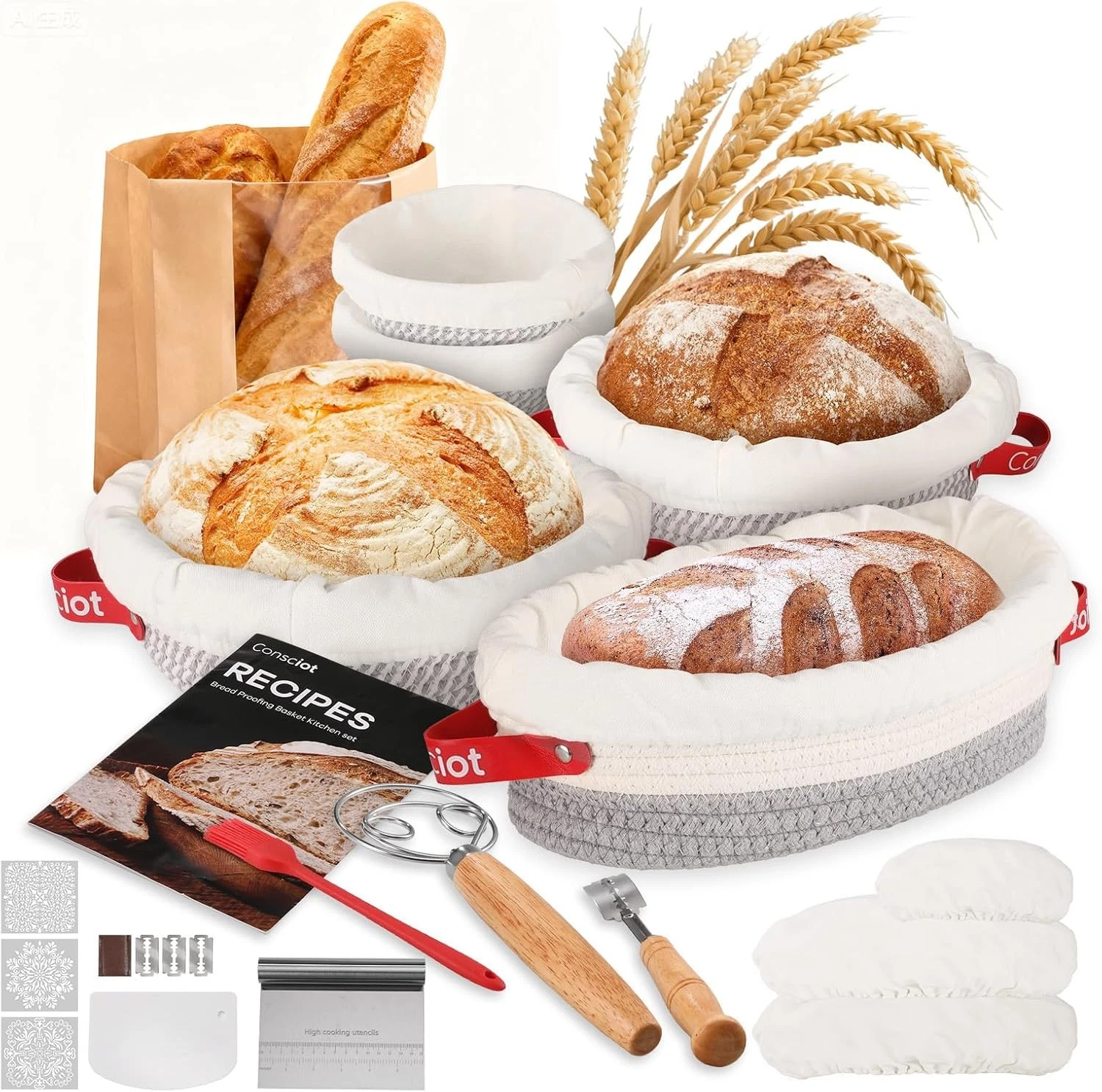 Sourdough Starter Kit 5 Banneton Round & Oval Cotton Rope Bread Proofing Basket