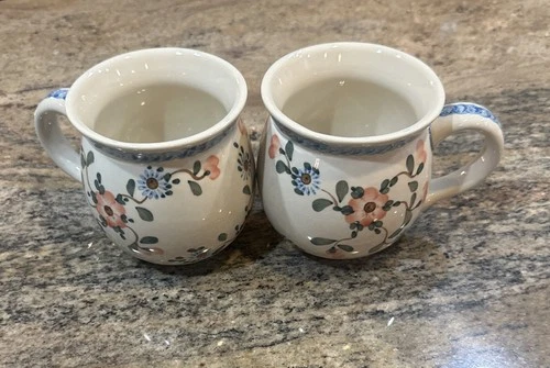 Polish Pottery Bubble Mugs! Beautiful Floral Pattern- EUC- Set Of 2