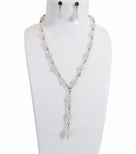 DESIGNER INSPIRED GENUINE 19 in ROSE QUARTZ & CRYSTAL Y SILVERTONE JEWELRY SET