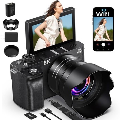 8K Digital , 88MP Cameras for Photography, WiFi Vlogging for with 3'' 180° Fli...
