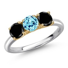 10K Two Tone Gold Blue Apatite and Black Diamond Engagement Ring For Women |