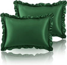 Ruffled Queen Satin Pillowcase Set of 2, Green Silky Satin Pillow Cases for