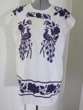 VINTAGE MEXICAN, OAXACA, HAND EMBROIDERED FLORAL  PEACOCK COTTON TUNIC - SZ MED