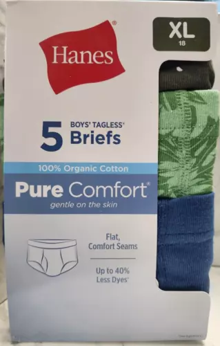 Hanes Boys' Tagless Briefs 5 Pair, Size XLarge (16-18) 100% Organic Cotton, New
