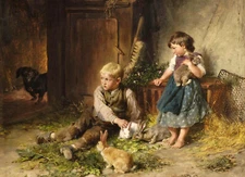 Oil painting Felix Schlesinger children appease pet rabbit with dog landscape