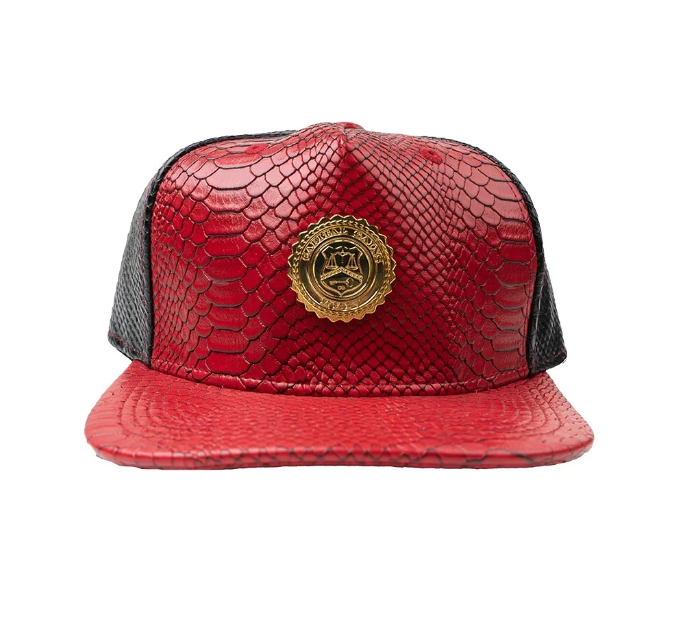 Capital Gains Snake Embossed Leather Red & Black Hat Adjustable Strap Back Cap