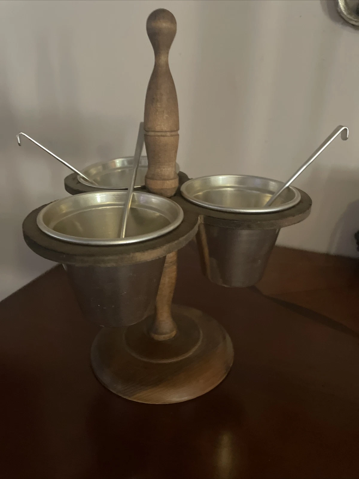 Vintage Chadwick Condiment Caddy Wooden and Metal Sauce Holder W/3 Ladles Spoons