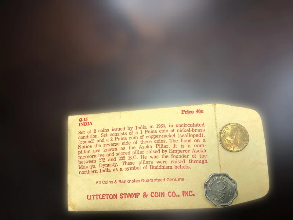 Littleton Coin Company 2 Coin Lot 1964 India 1 Paisa India 2 Paisa Uncirculated - Image 2 of 4