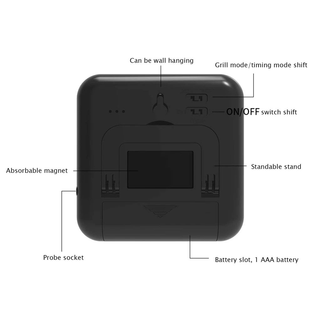 (Black)Meat Thermometer Smart 3 Buttons Digital LED Display Multifunctional O