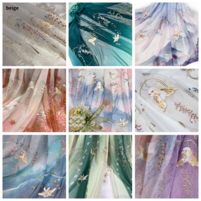 Embroidery Gradient Color Fabric Chiffon Floral for Dress Hanfu Costume