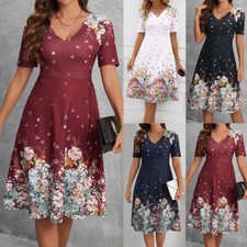 Women V Neck Floral Midi Dress Ladies Evening Cocktail Holiday Swing Party Dress